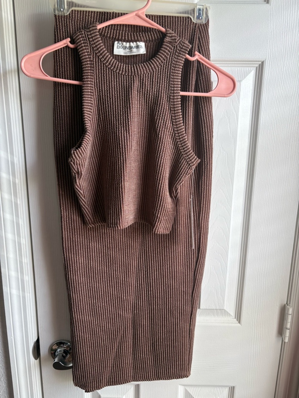 No Boundaries Brown Ribbed Knit Crop Top & Skirt Set